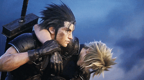 A gif of Zack Fair carrying Cloud Strife.